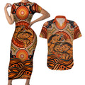 Barramundi Fish Couples Matching Short Sleeve Bodycon Dress and Hawaiian Shirt Aboriginal Dot Art Indigenous Pattern