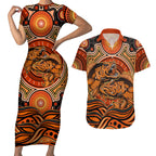 Barramundi Fish Couples Matching Short Sleeve Bodycon Dress and Hawaiian Shirt Aboriginal Dot Art Indigenous Pattern