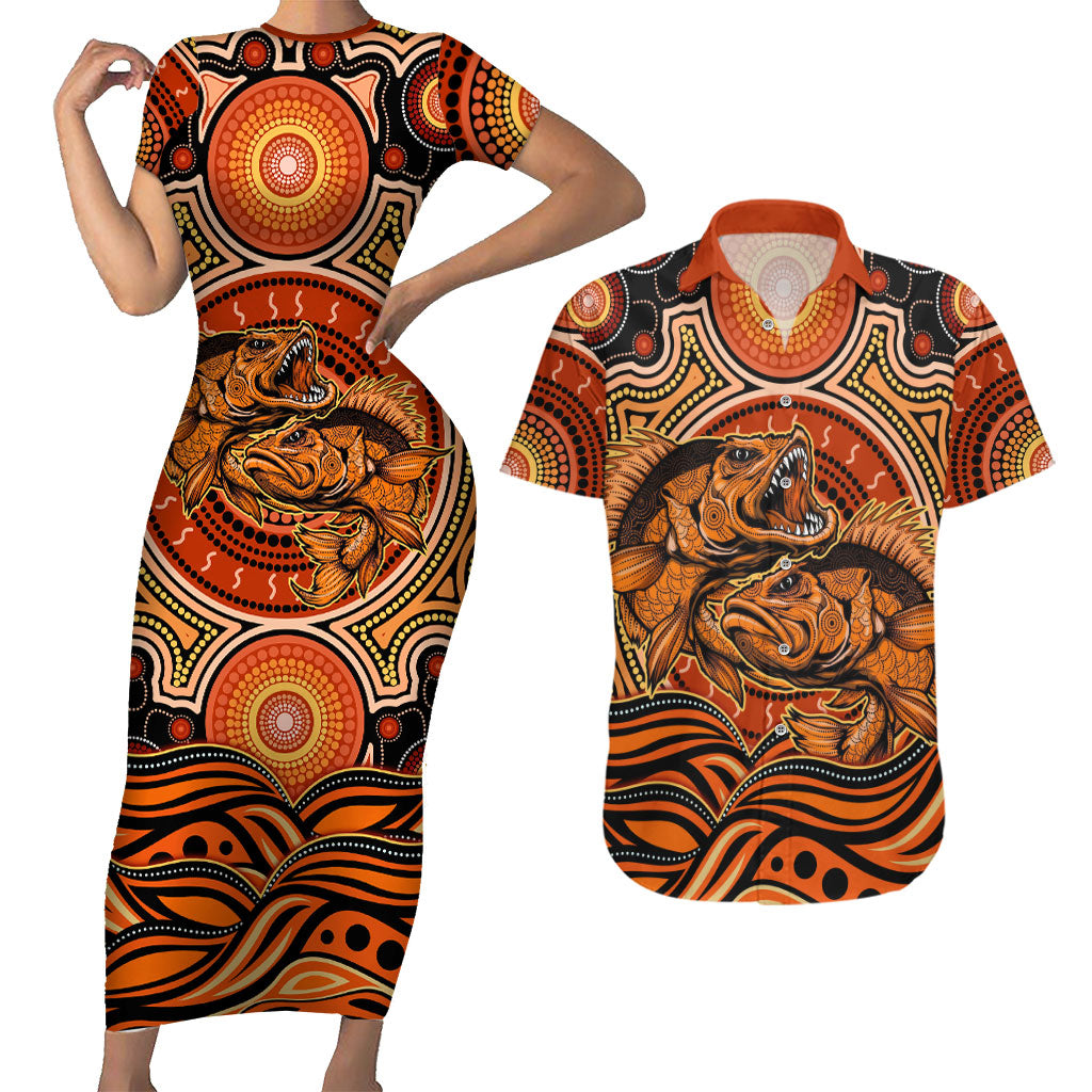 Barramundi Fish Couples Matching Short Sleeve Bodycon Dress and Hawaiian Shirt Aboriginal Dot Art Indigenous Pattern