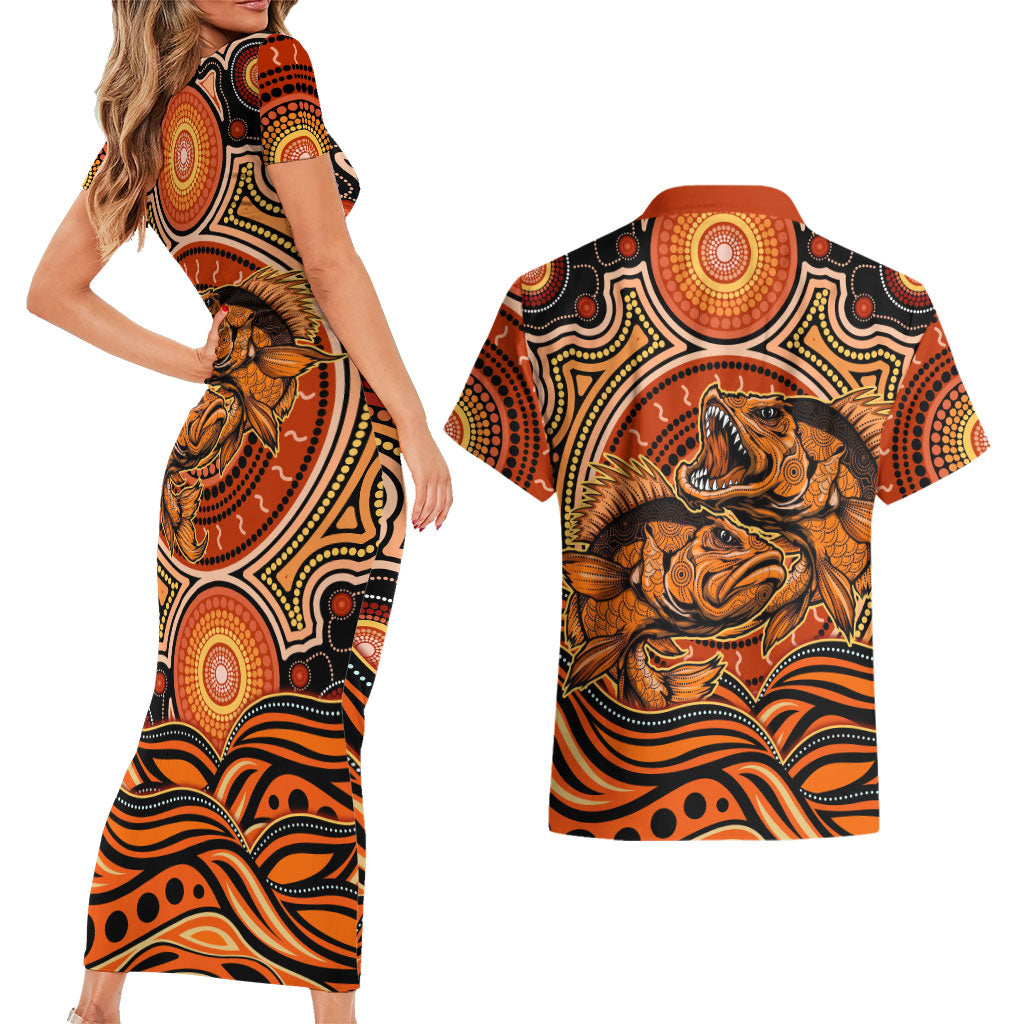 Barramundi Fish Couples Matching Short Sleeve Bodycon Dress and Hawaiian Shirt Aboriginal Dot Art Indigenous Pattern