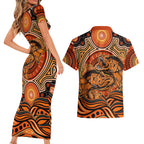 Barramundi Fish Couples Matching Short Sleeve Bodycon Dress and Hawaiian Shirt Aboriginal Dot Art Indigenous Pattern