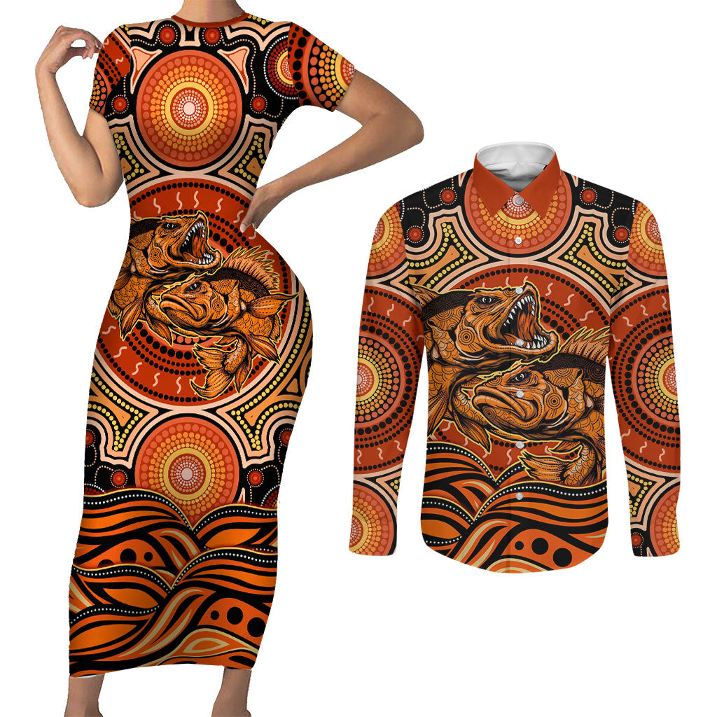 Barramundi Fish Couples Matching Short Sleeve Bodycon Dress and Long Sleeve Button Shirt Aboriginal Dot Art Indigenous Pattern
