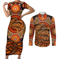 Barramundi Fish Couples Matching Short Sleeve Bodycon Dress and Long Sleeve Button Shirt Aboriginal Dot Art Indigenous Pattern