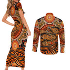 Barramundi Fish Couples Matching Short Sleeve Bodycon Dress and Long Sleeve Button Shirt Aboriginal Dot Art Indigenous Pattern