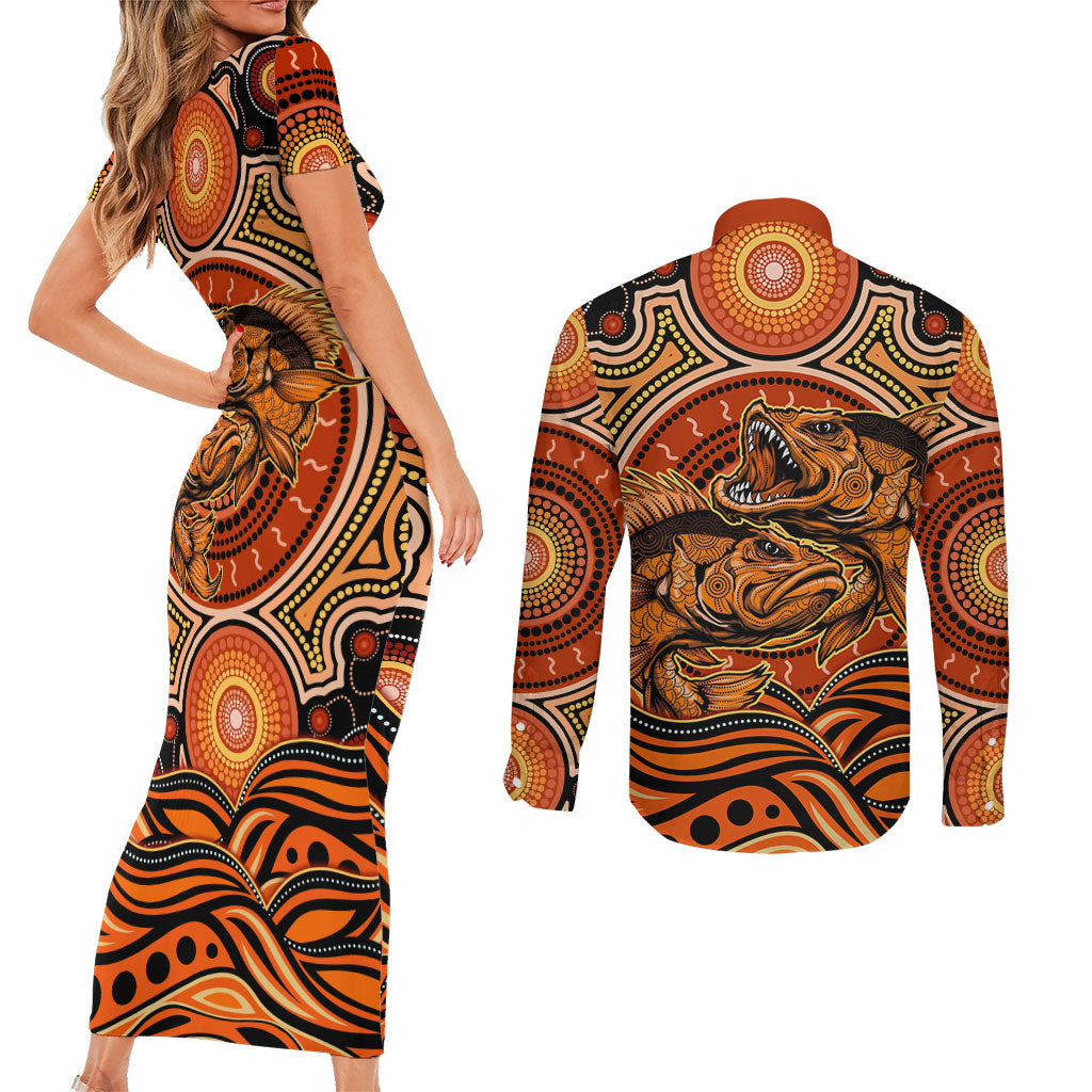 Barramundi Fish Couples Matching Short Sleeve Bodycon Dress and Long Sleeve Button Shirt Aboriginal Dot Art Indigenous Pattern