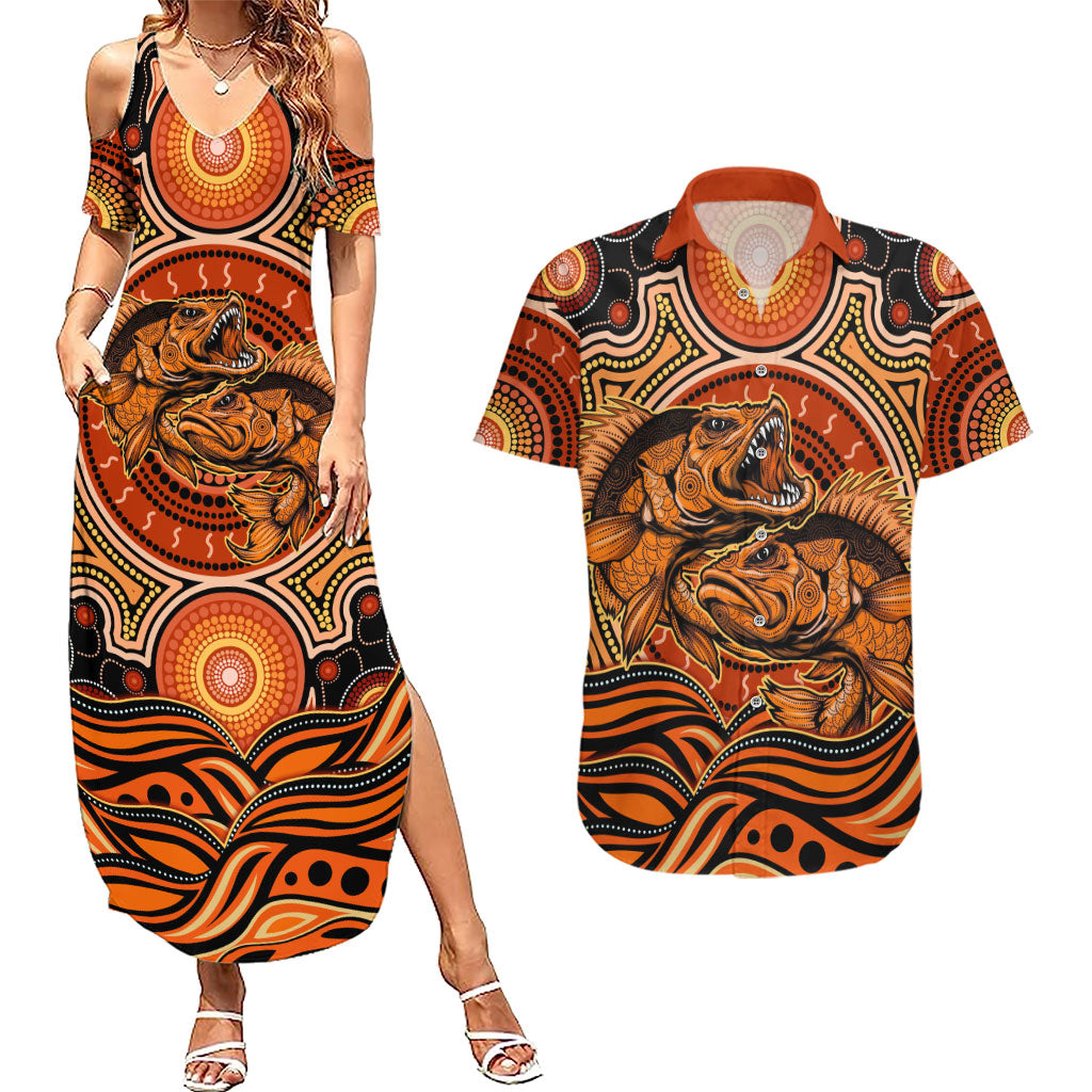 Barramundi Fish Couples Matching Summer Maxi Dress and Hawaiian Shirt Aboriginal Dot Art Indigenous Pattern