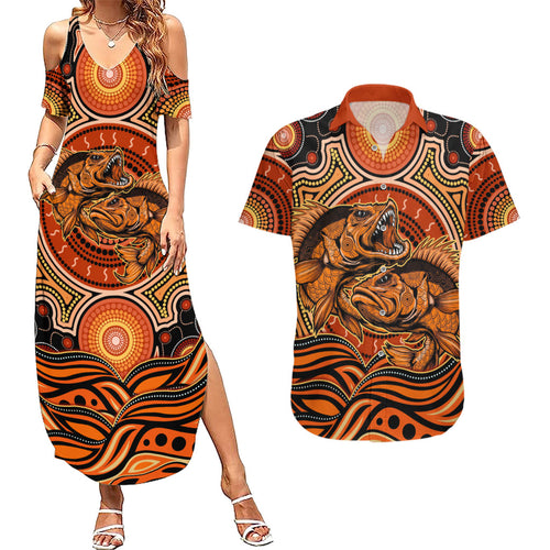 Barramundi Fish Couples Matching Summer Maxi Dress and Hawaiian Shirt Aboriginal Dot Art Indigenous Pattern
