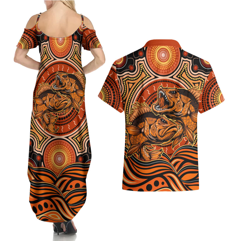 Barramundi Fish Couples Matching Summer Maxi Dress and Hawaiian Shirt Aboriginal Dot Art Indigenous Pattern