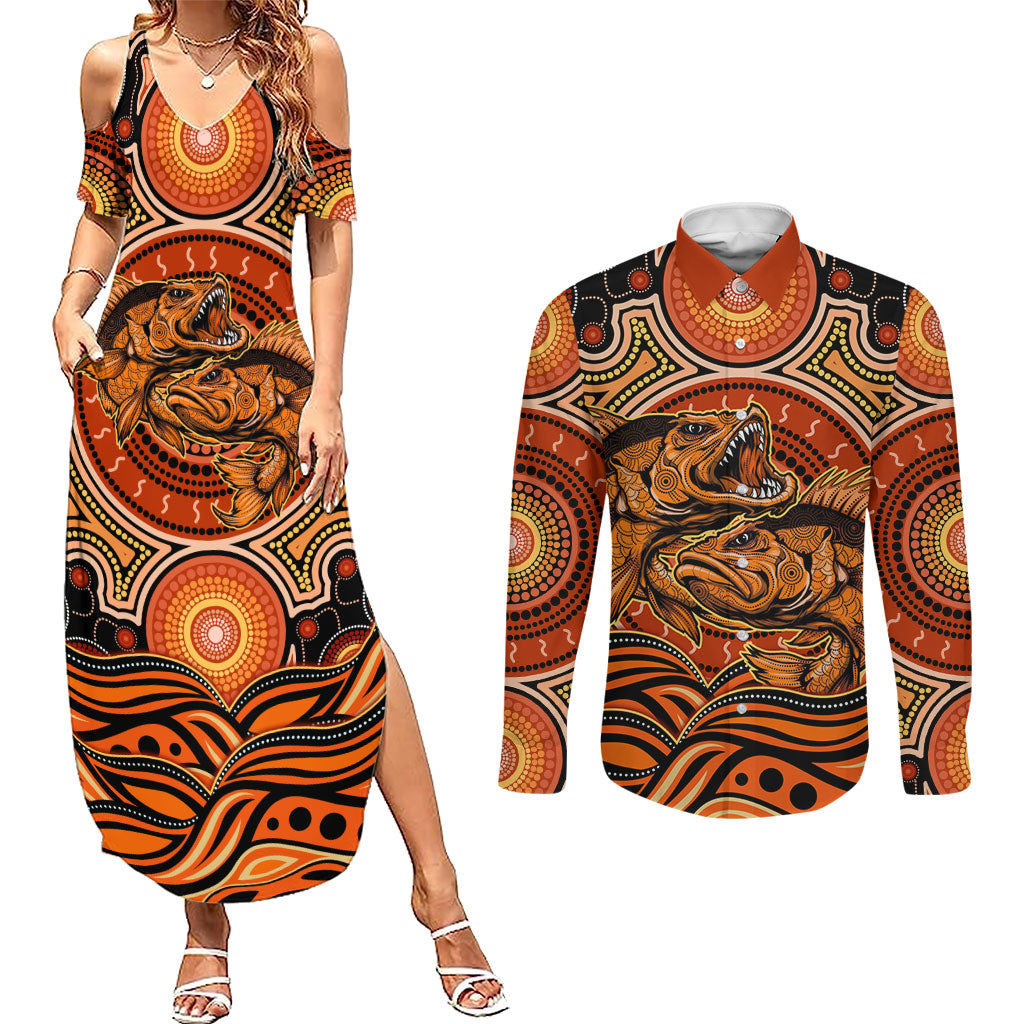 Barramundi Fish Couples Matching Summer Maxi Dress and Long Sleeve Button Shirt Aboriginal Dot Art Indigenous Pattern