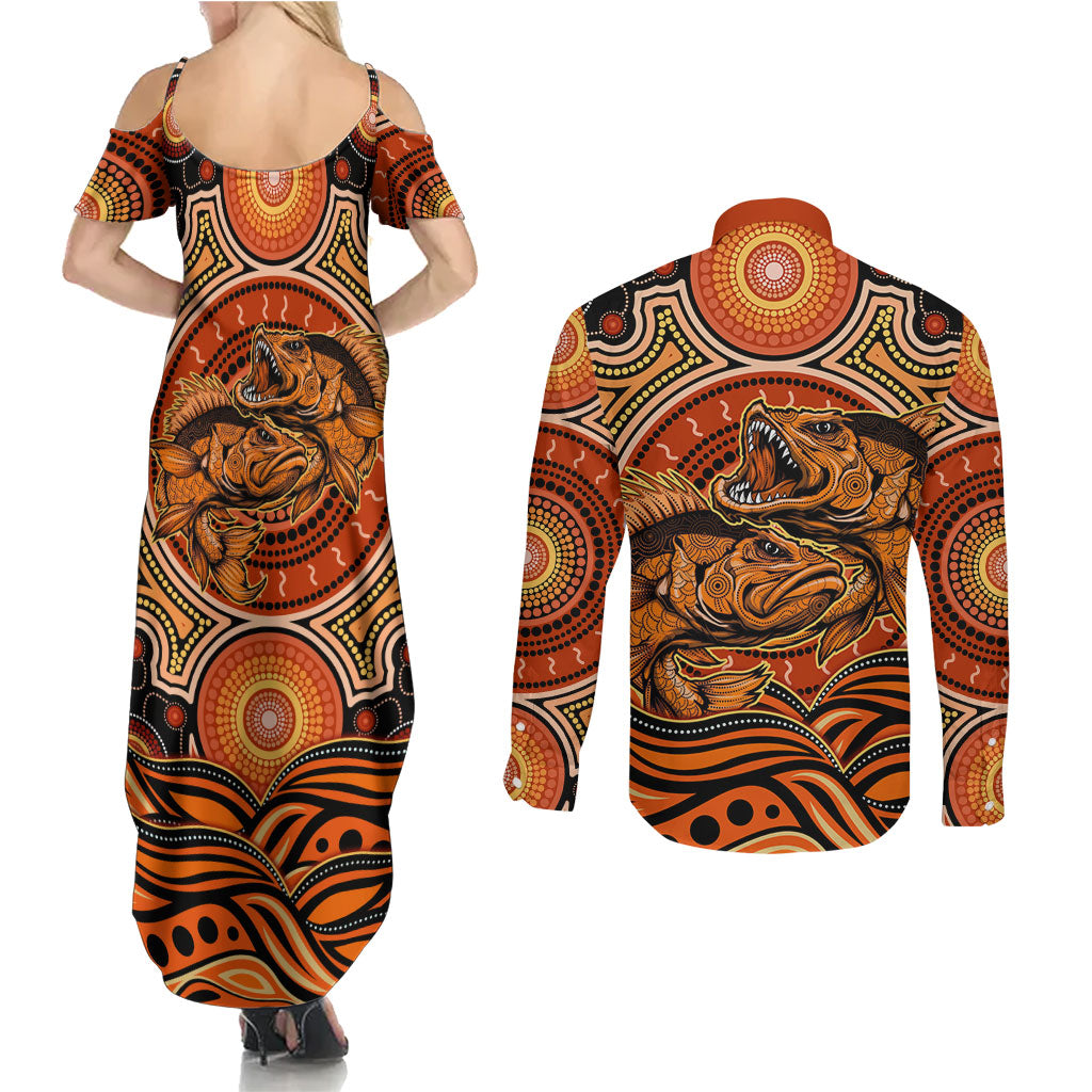 Barramundi Fish Couples Matching Summer Maxi Dress and Long Sleeve Button Shirt Aboriginal Dot Art Indigenous Pattern