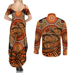 Barramundi Fish Couples Matching Summer Maxi Dress and Long Sleeve Button Shirt Aboriginal Dot Art Indigenous Pattern