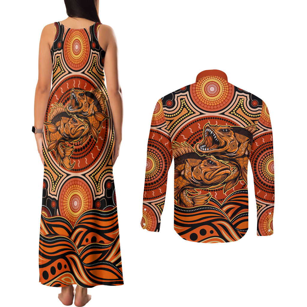 Barramundi Fish Couples Matching Tank Maxi Dress and Long Sleeve Button Shirt Aboriginal Dot Art Indigenous Pattern