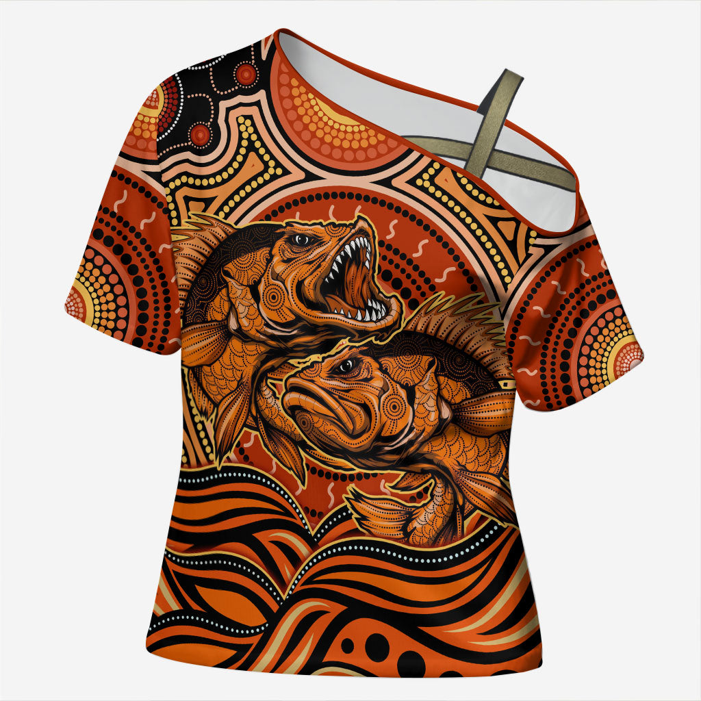 Barramundi Fish Cross Shoulder Shirt Aboriginal Dot Art Indigenous Pattern