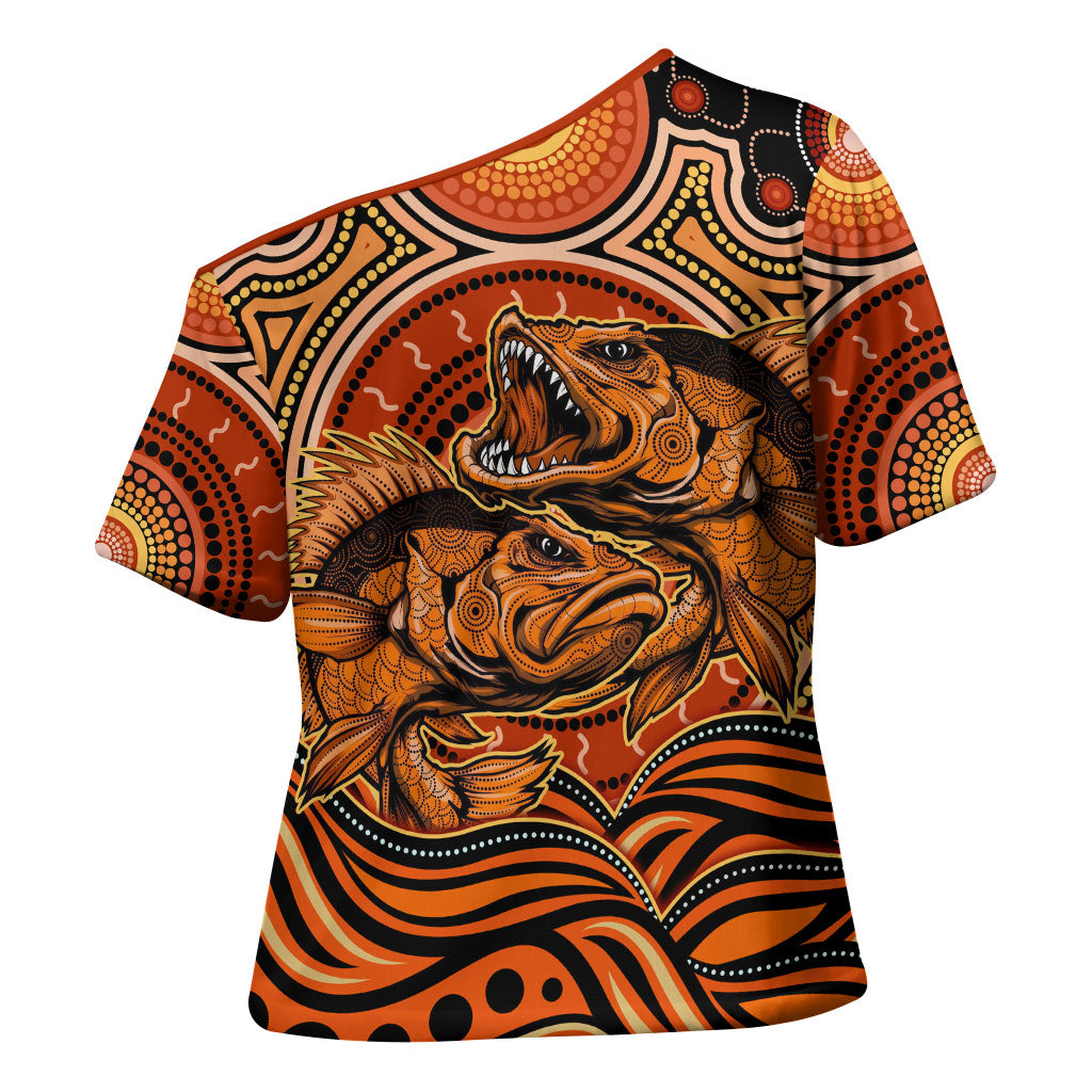 Barramundi Fish Cross Shoulder Shirt Aboriginal Dot Art Indigenous Pattern