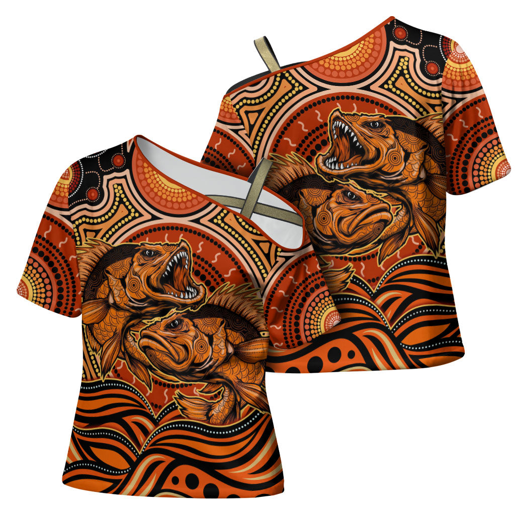 Barramundi Fish Cross Shoulder Shirt Aboriginal Dot Art Indigenous Pattern