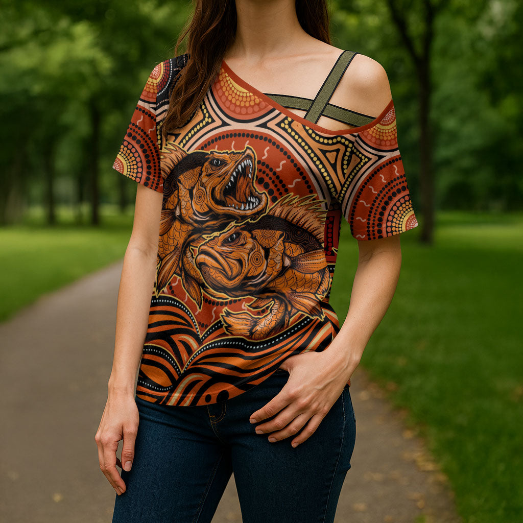 Barramundi Fish Cross Shoulder Shirt Aboriginal Dot Art Indigenous Pattern