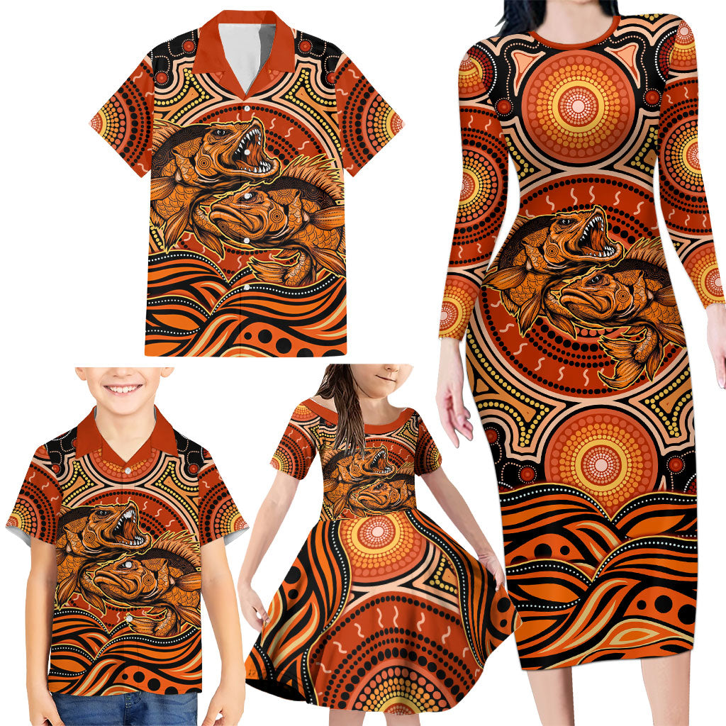 Barramundi Fish Family Matching Long Sleeve Bodycon Dress and Hawaiian Shirt Aboriginal Dot Art Indigenous Pattern