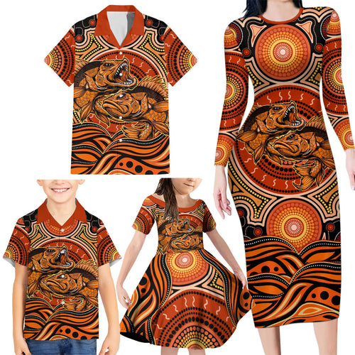 Barramundi Fish Family Matching Long Sleeve Bodycon Dress and Hawaiian Shirt Aboriginal Dot Art Indigenous Pattern