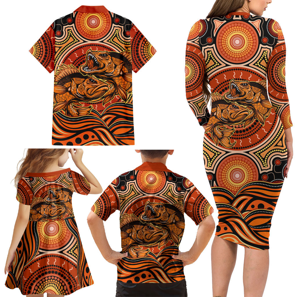 Barramundi Fish Family Matching Long Sleeve Bodycon Dress and Hawaiian Shirt Aboriginal Dot Art Indigenous Pattern