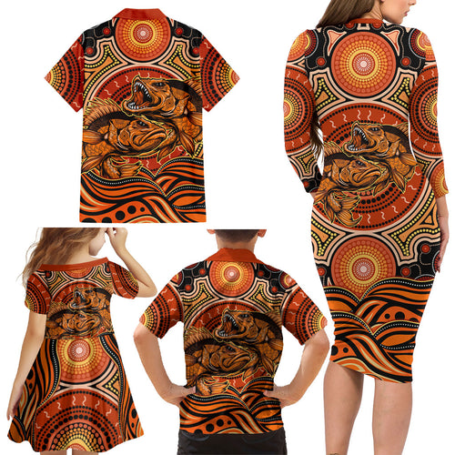 Barramundi Fish Family Matching Long Sleeve Bodycon Dress and Hawaiian Shirt Aboriginal Dot Art Indigenous Pattern
