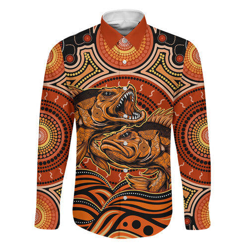 Barramundi Fish Family Matching Long Sleeve Bodycon Dress and Hawaiian Shirt Aboriginal Dot Art Indigenous Pattern