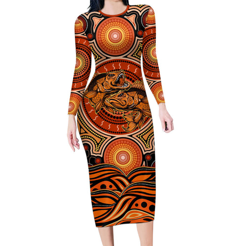 Barramundi Fish Family Matching Long Sleeve Bodycon Dress and Hawaiian Shirt Aboriginal Dot Art Indigenous Pattern