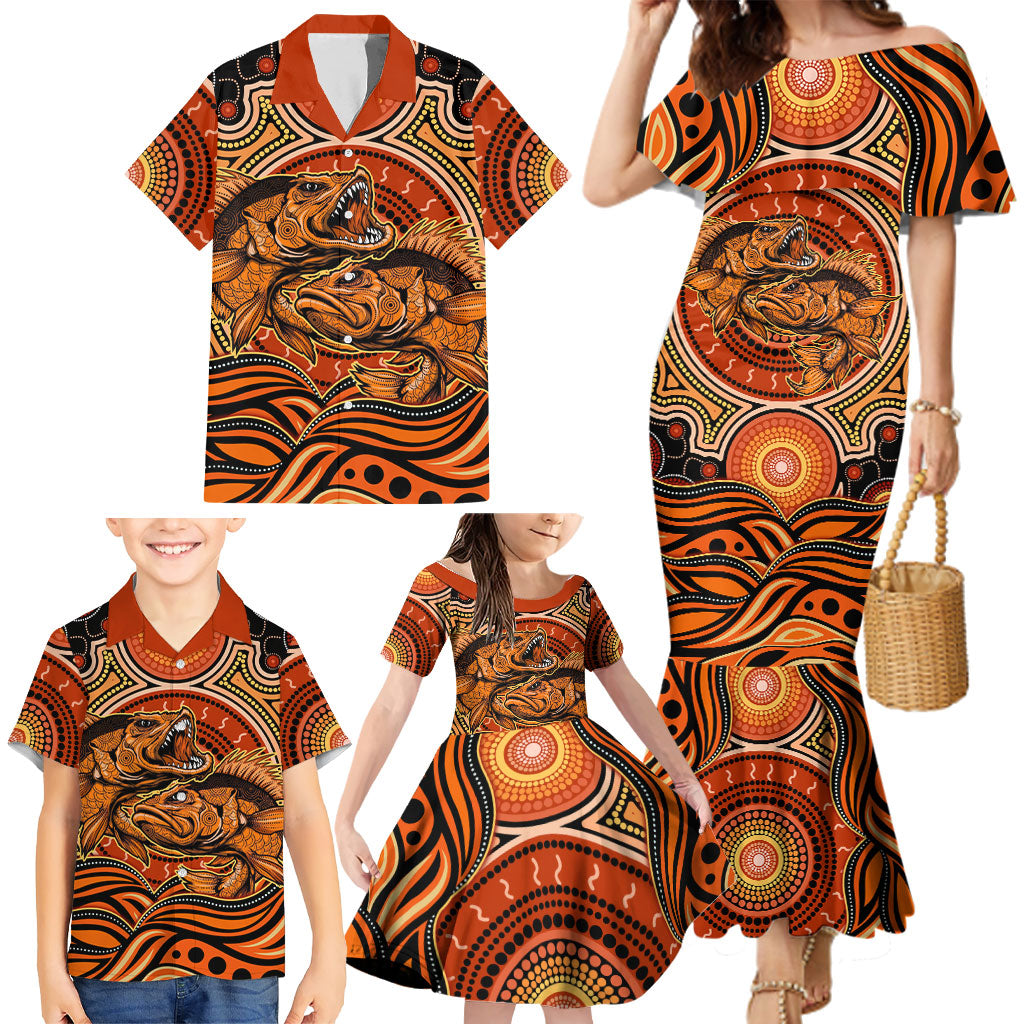 Barramundi Fish Family Matching Mermaid Dress and Hawaiian Shirt Aboriginal Dot Art Indigenous Pattern