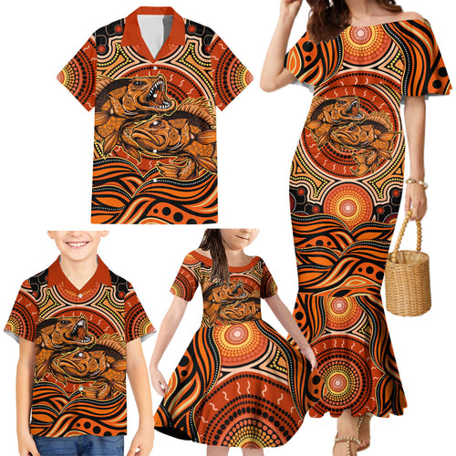 Barramundi Fish Family Matching Mermaid Dress and Hawaiian Shirt Aboriginal Dot Art Indigenous Pattern