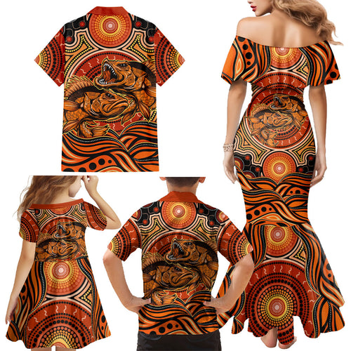 Barramundi Fish Family Matching Mermaid Dress and Hawaiian Shirt Aboriginal Dot Art Indigenous Pattern