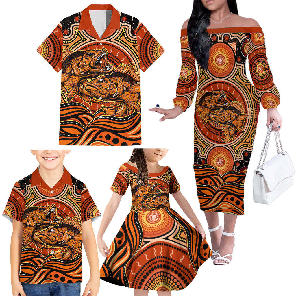 Barramundi Fish Family Matching Off The Shoulder Long Sleeve Dress and Hawaiian Shirt Aboriginal Dot Art Indigenous Pattern
