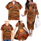Barramundi Fish Family Matching Off The Shoulder Long Sleeve Dress and Hawaiian Shirt Aboriginal Dot Art Indigenous Pattern