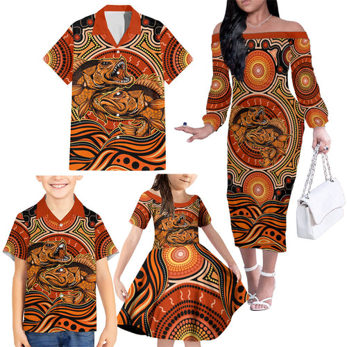 Barramundi Fish Family Matching Off The Shoulder Long Sleeve Dress and Hawaiian Shirt Aboriginal Dot Art Indigenous Pattern
