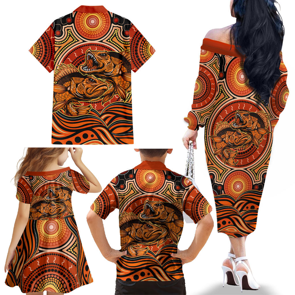 Barramundi Fish Family Matching Off The Shoulder Long Sleeve Dress and Hawaiian Shirt Aboriginal Dot Art Indigenous Pattern