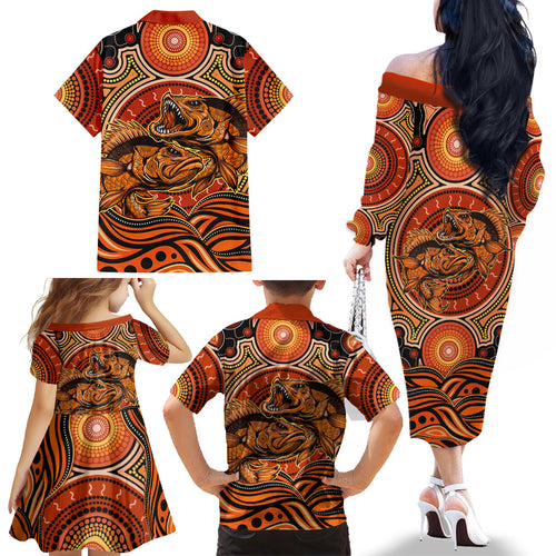 Barramundi Fish Family Matching Off The Shoulder Long Sleeve Dress and Hawaiian Shirt Aboriginal Dot Art Indigenous Pattern