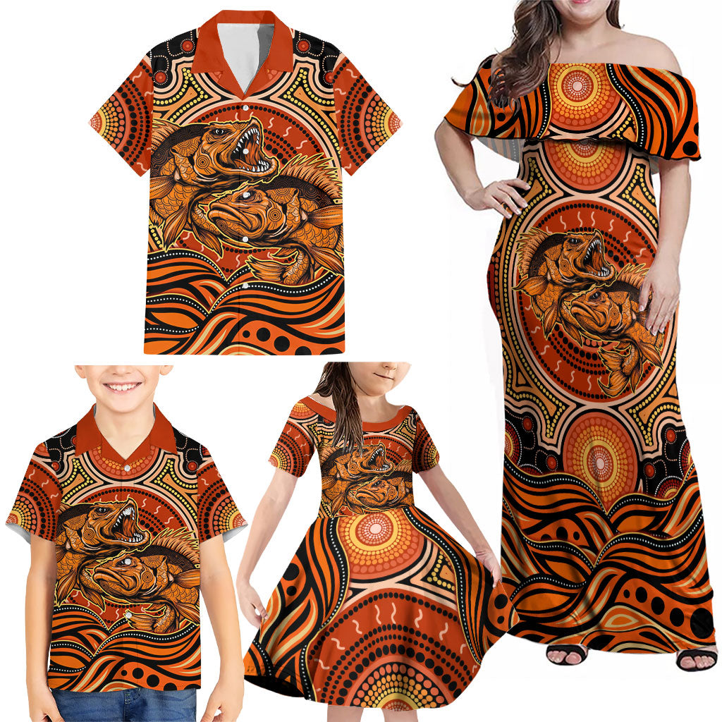 Barramundi Fish Family Matching Off Shoulder Maxi Dress and Hawaiian Shirt Aboriginal Dot Art Indigenous Pattern