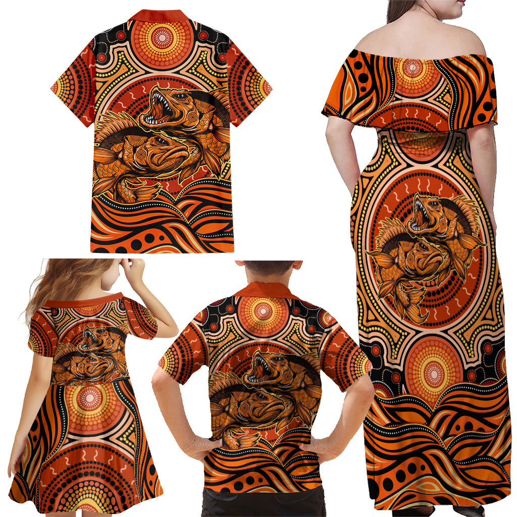Barramundi Fish Family Matching Off Shoulder Maxi Dress and Hawaiian Shirt Aboriginal Dot Art Indigenous Pattern
