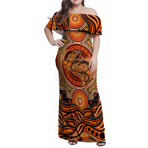 Barramundi Fish Family Matching Off Shoulder Maxi Dress and Hawaiian Shirt Aboriginal Dot Art Indigenous Pattern