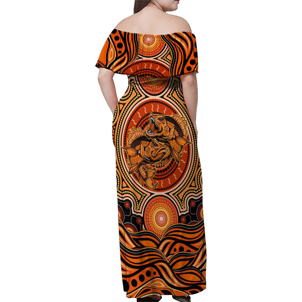 Barramundi Fish Family Matching Off Shoulder Maxi Dress and Hawaiian Shirt Aboriginal Dot Art Indigenous Pattern