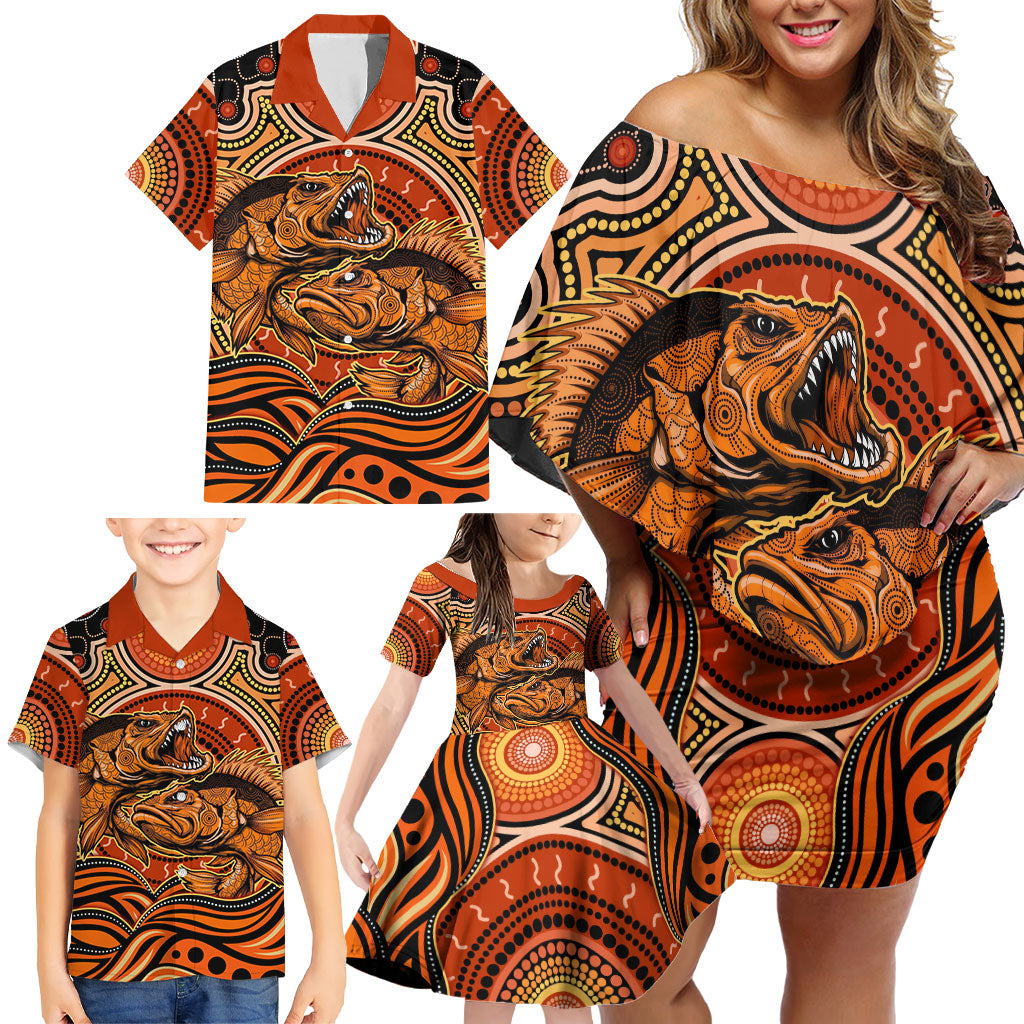 Barramundi Fish Family Matching Off Shoulder Short Dress and Hawaiian Shirt Aboriginal Dot Art Indigenous Pattern