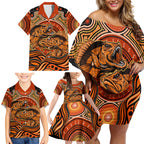 Barramundi Fish Family Matching Off Shoulder Short Dress and Hawaiian Shirt Aboriginal Dot Art Indigenous Pattern