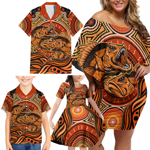 Barramundi Fish Family Matching Off Shoulder Short Dress and Hawaiian Shirt Aboriginal Dot Art Indigenous Pattern