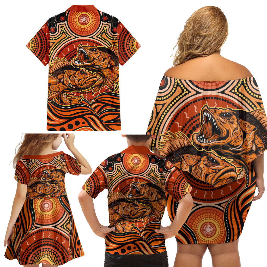 Barramundi Fish Family Matching Off Shoulder Short Dress and Hawaiian Shirt Aboriginal Dot Art Indigenous Pattern