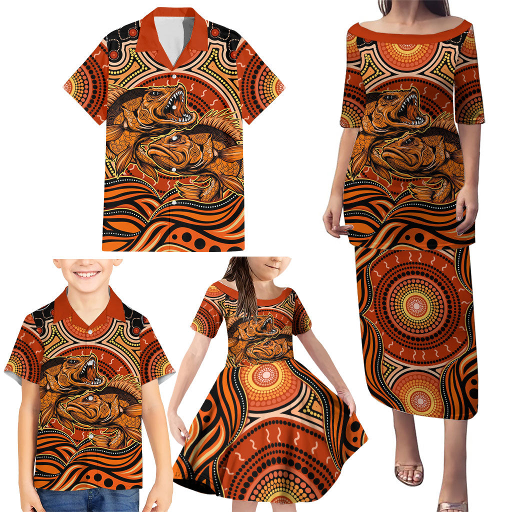 Barramundi Fish Family Matching Puletasi and Hawaiian Shirt Aboriginal Dot Art Indigenous Pattern