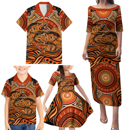 Barramundi Fish Family Matching Puletasi and Hawaiian Shirt Aboriginal Dot Art Indigenous Pattern