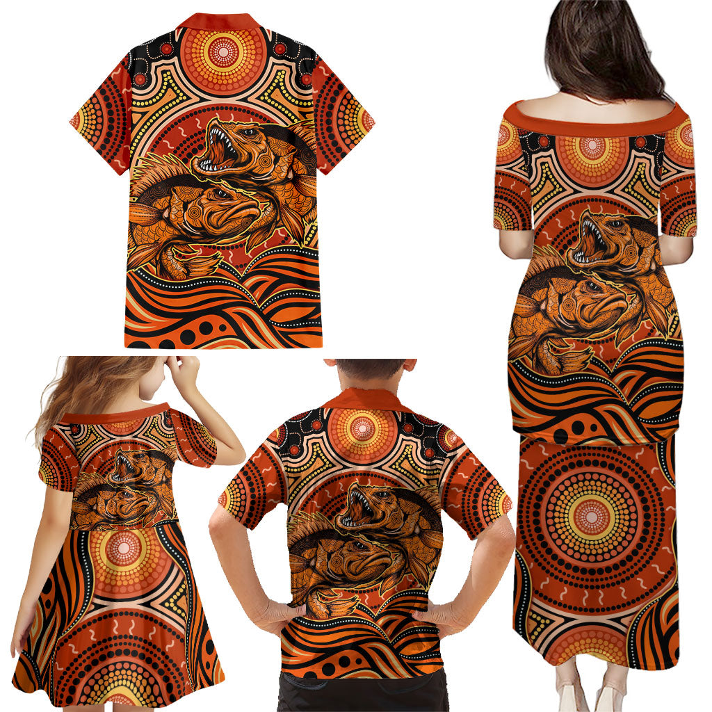 Barramundi Fish Family Matching Puletasi and Hawaiian Shirt Aboriginal Dot Art Indigenous Pattern