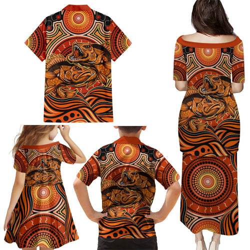 Barramundi Fish Family Matching Puletasi and Hawaiian Shirt Aboriginal Dot Art Indigenous Pattern