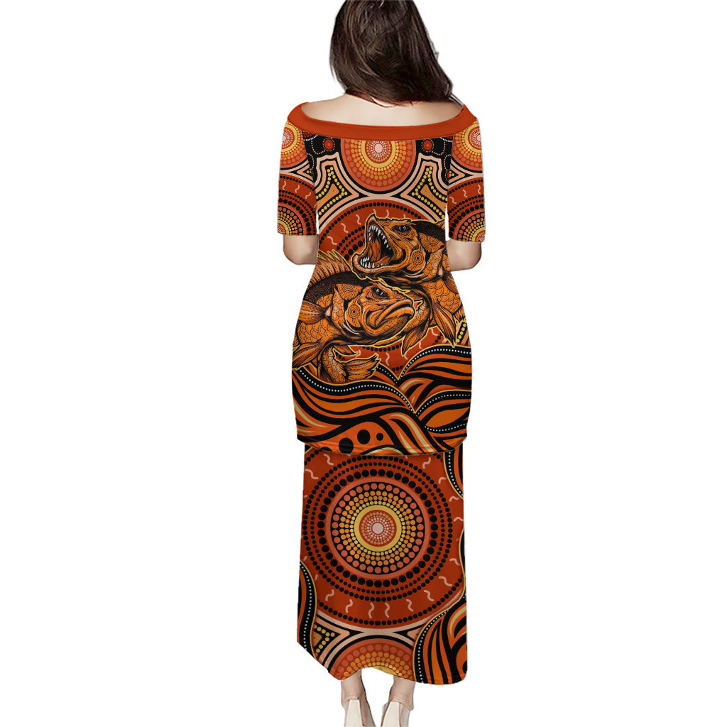 Barramundi Fish Family Matching Puletasi and Hawaiian Shirt Aboriginal Dot Art Indigenous Pattern