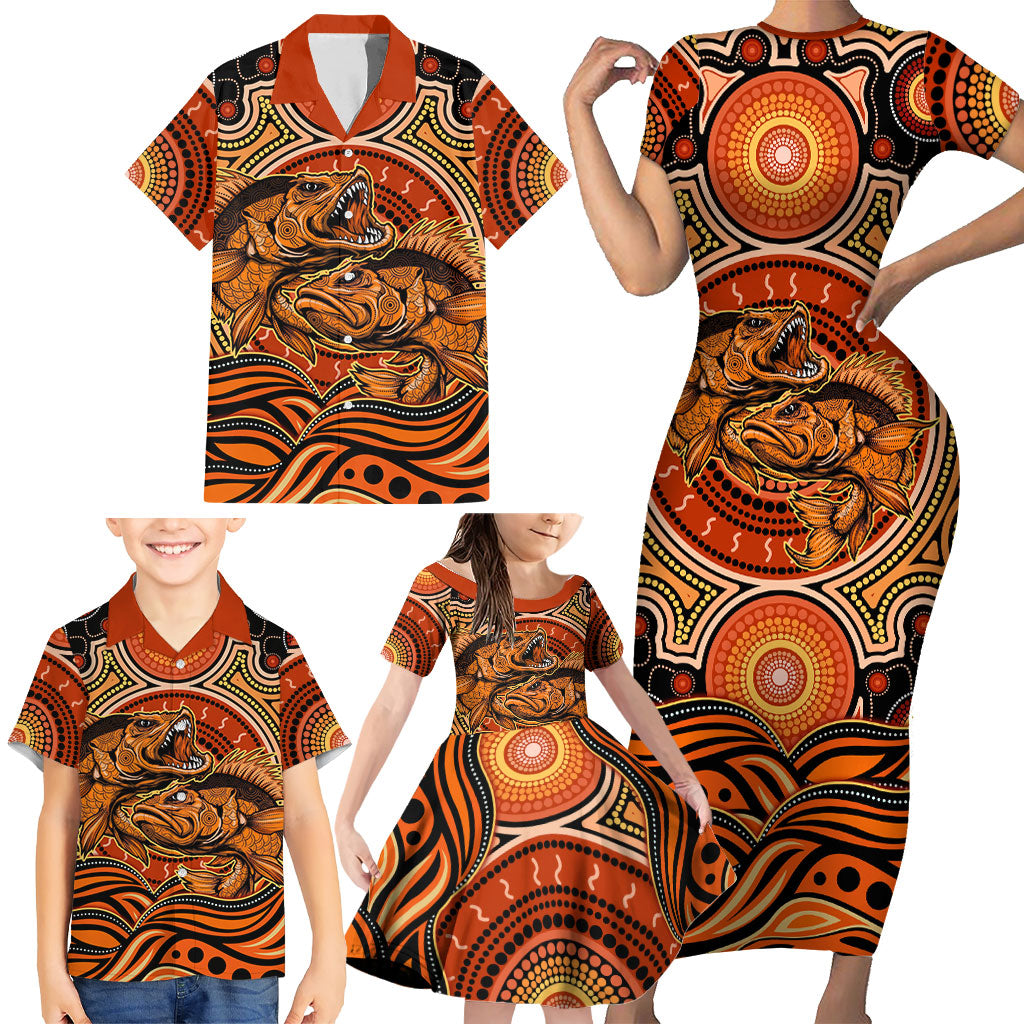 Barramundi Fish Family Matching Short Sleeve Bodycon Dress and Hawaiian Shirt Aboriginal Dot Art Indigenous Pattern