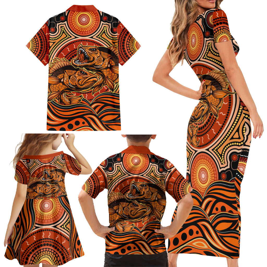 Barramundi Fish Family Matching Short Sleeve Bodycon Dress and Hawaiian Shirt Aboriginal Dot Art Indigenous Pattern