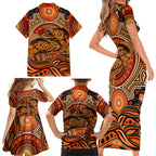 Barramundi Fish Family Matching Short Sleeve Bodycon Dress and Hawaiian Shirt Aboriginal Dot Art Indigenous Pattern